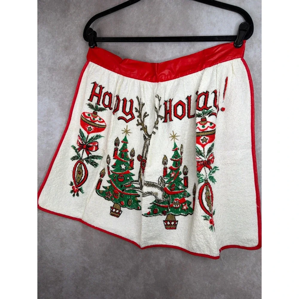 ILGWU Vintage 70s Christmas Half Apron Womens OS White Red Reindeer Terry Cloth